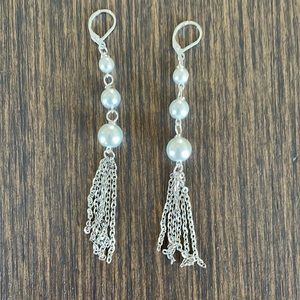 HAND CRAFTED EARRINGS Graduated White Glass Pearl Ball Drop Silver Chain Tassels